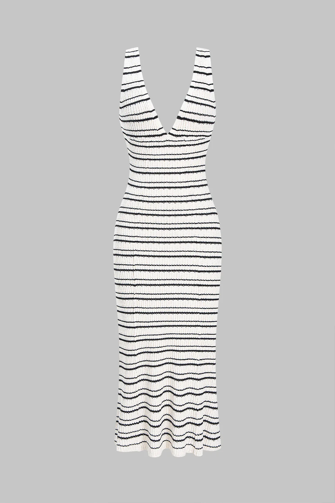 Knit V-Neck Stripes Print Contrast Sleeveless Midi Dress - Image 5