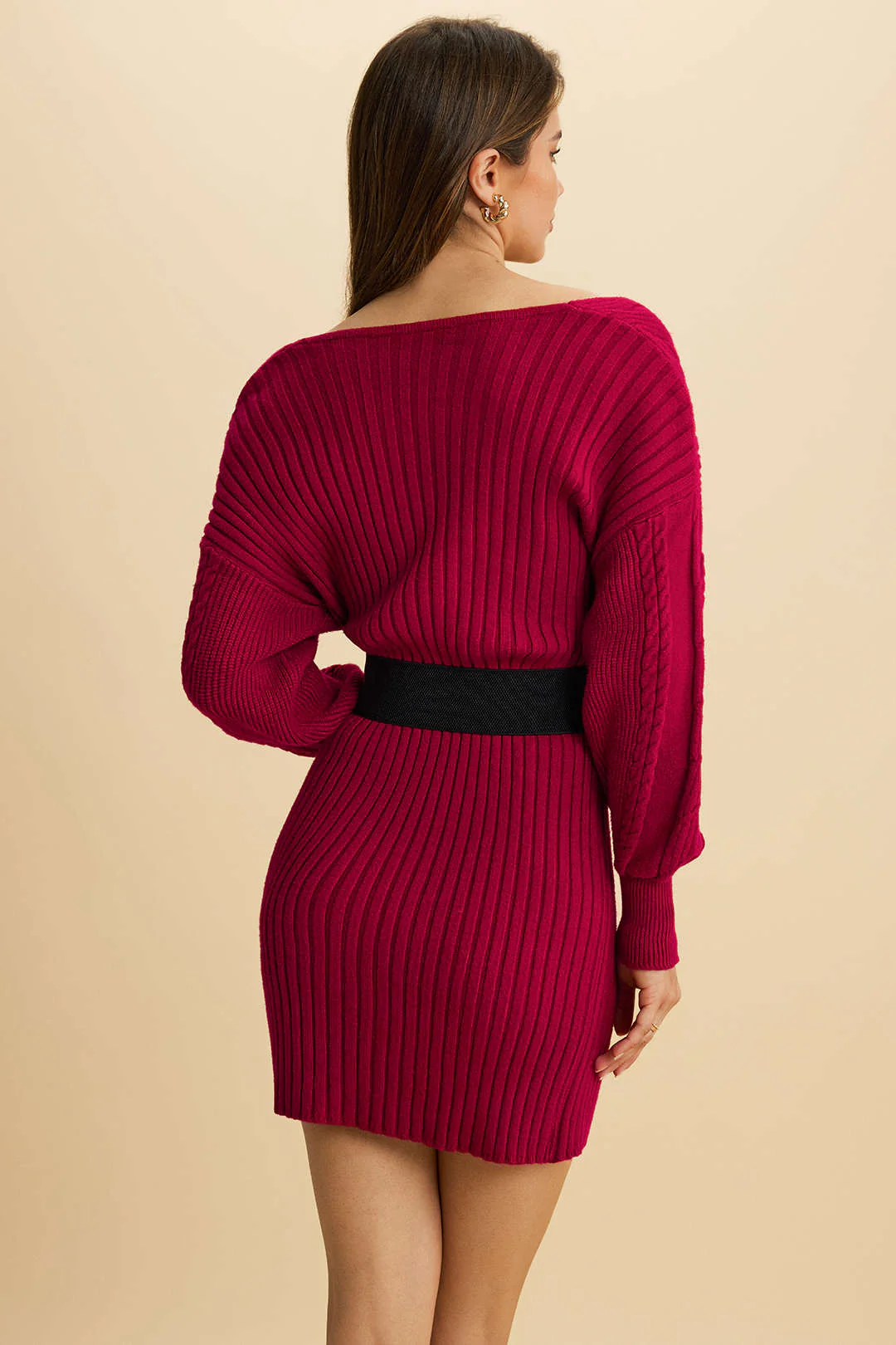 Cable Knit Crossed V-Neck Long Sleeve Dress - Image 4