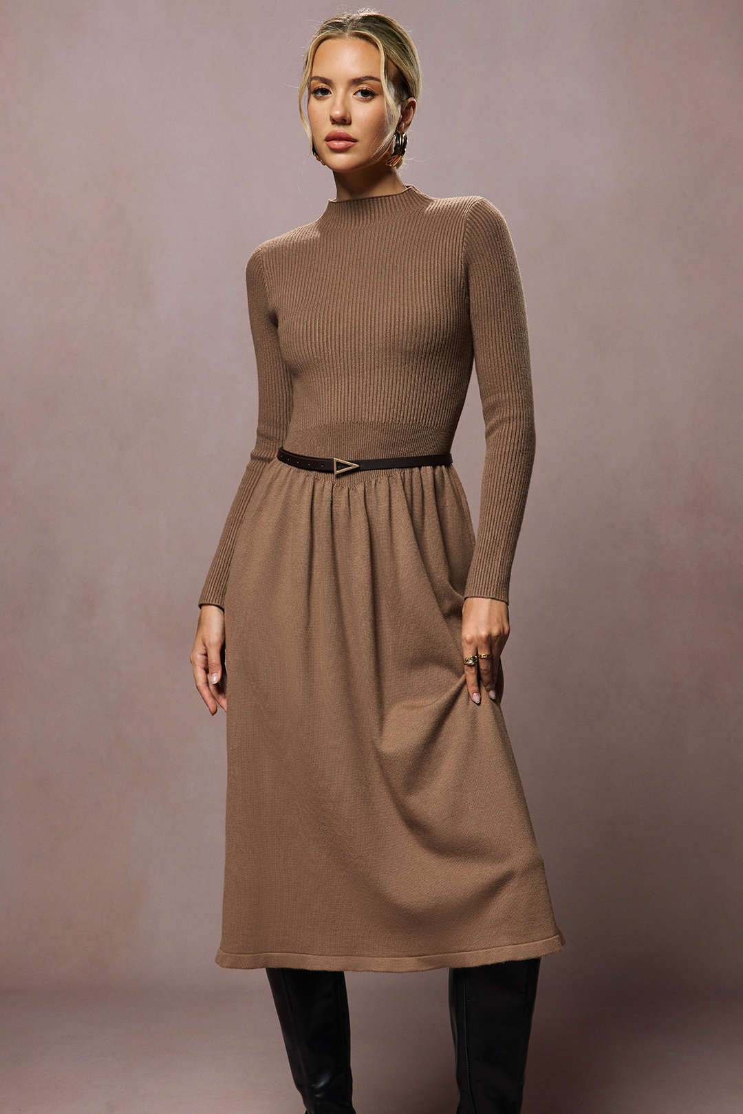 Knit Ruched High-Waisted Long Sleeve Dress - Image 2