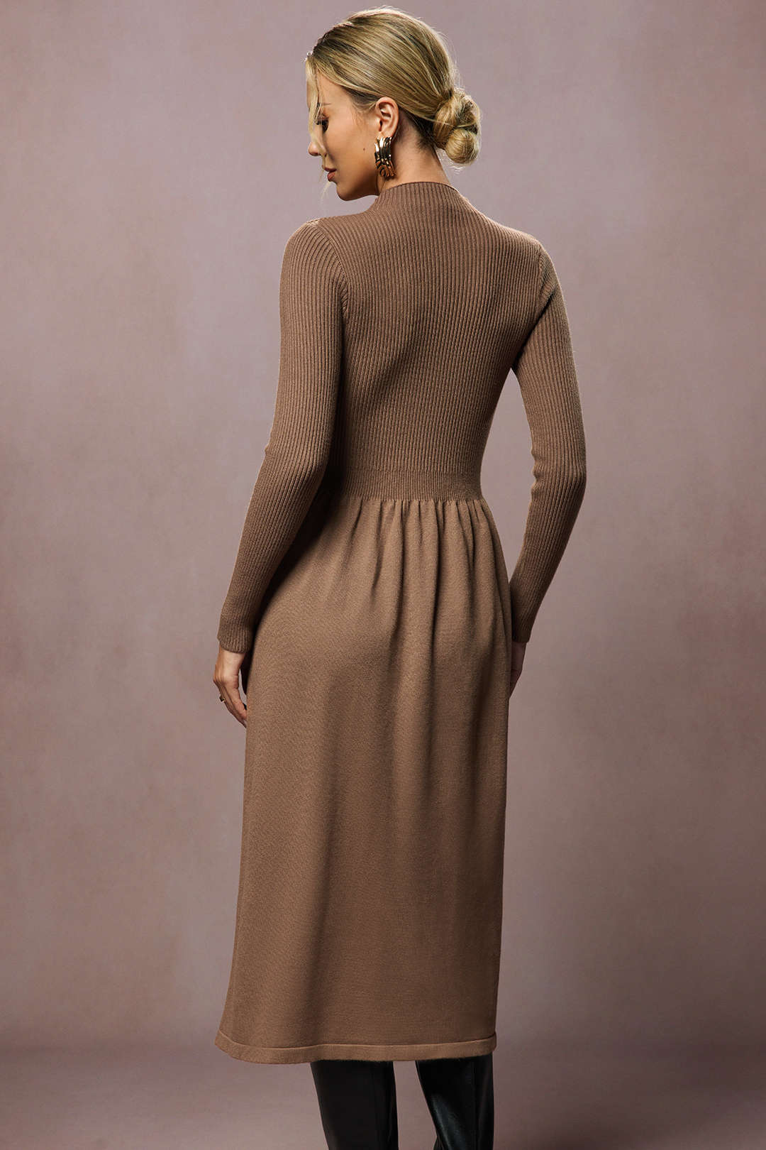 Knit Ruched High-Waisted Long Sleeve Dress - Image 3