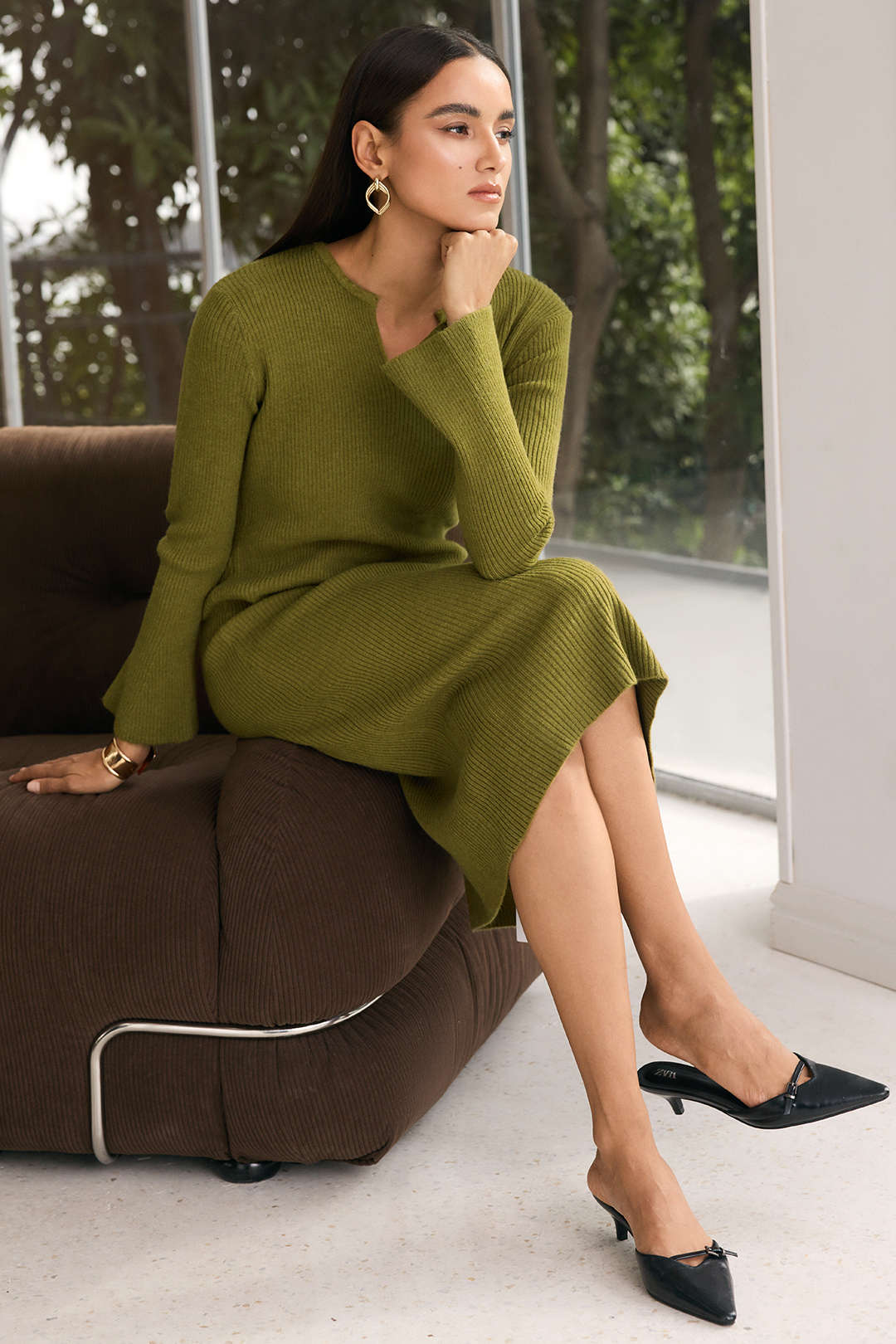 Knit Solid V-Neck Bell Long Sleeve Dress - Image 2