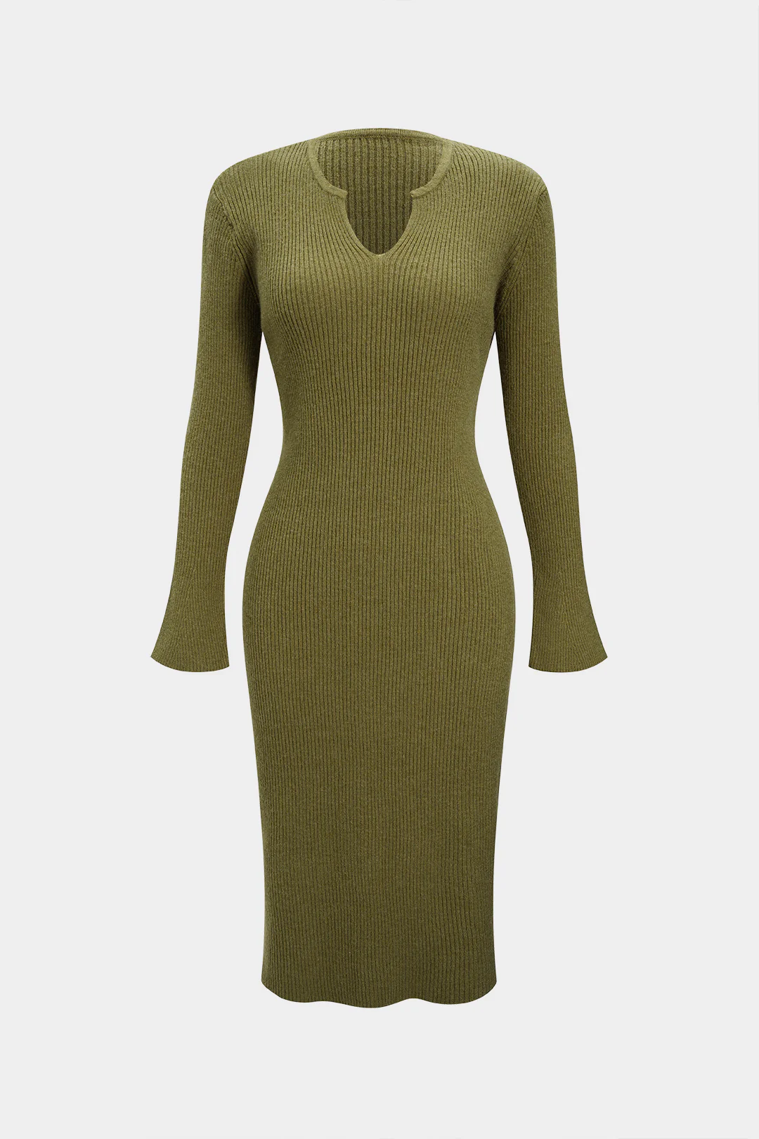 Knit Solid V-Neck Bell Long Sleeve Dress - Image 5