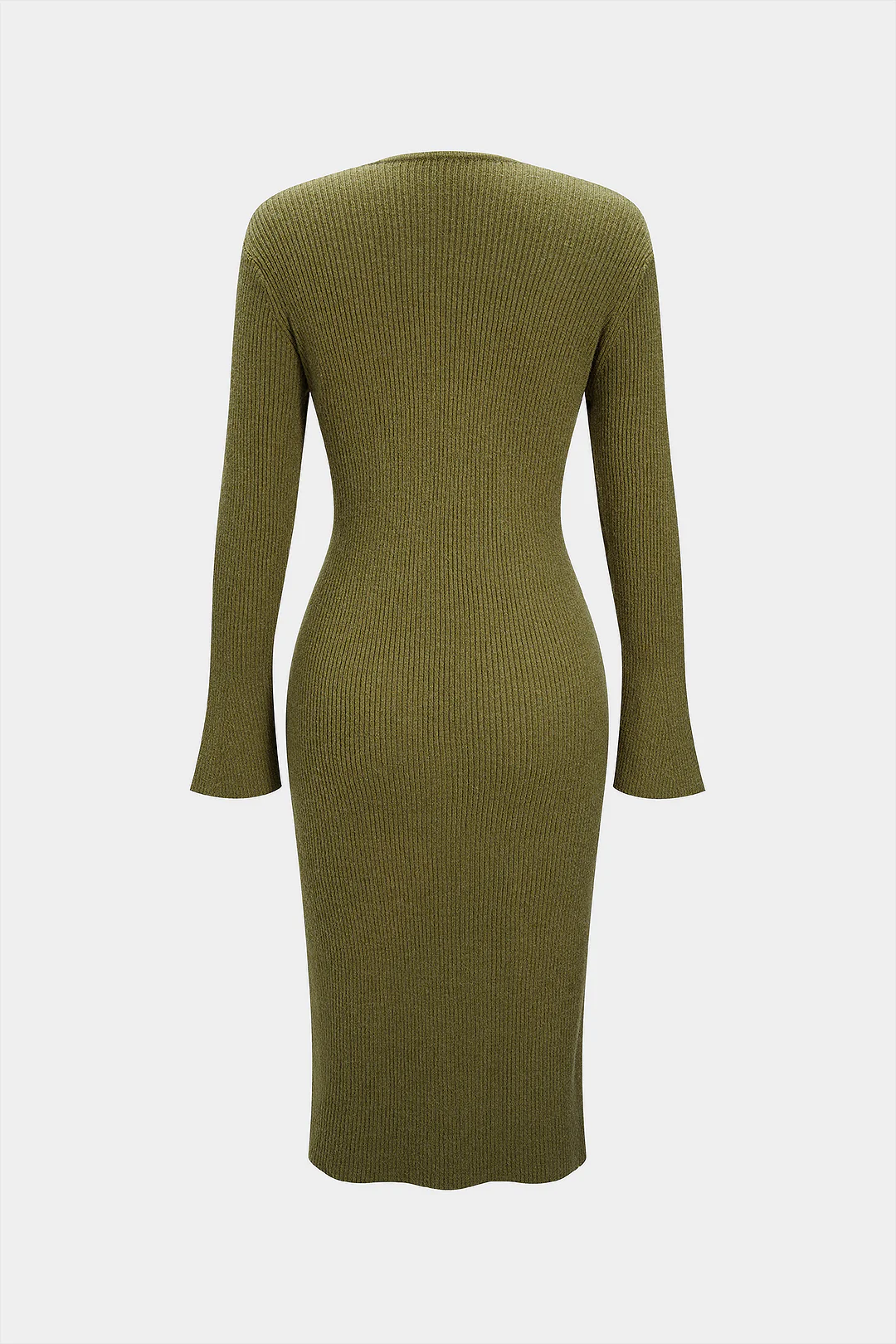 Knit Solid V-Neck Bell Long Sleeve Dress - Image 6