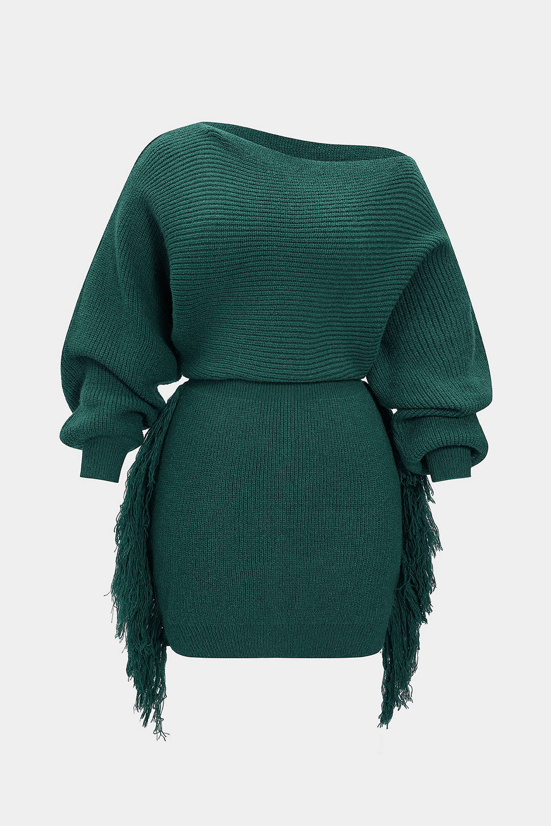 Plus Size Knit Fringe One Shoulder Long Sleeve Dress - Image 10