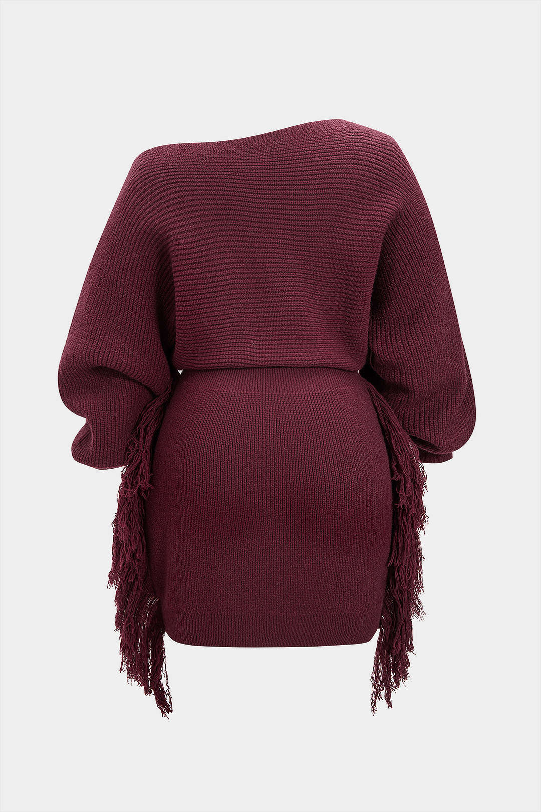 Plus Size Knit Fringe One Shoulder Long Sleeve Dress - Image 2