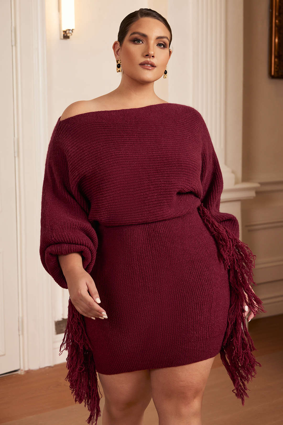 Plus Size Knit Fringe One Shoulder Long Sleeve Dress - Image 6