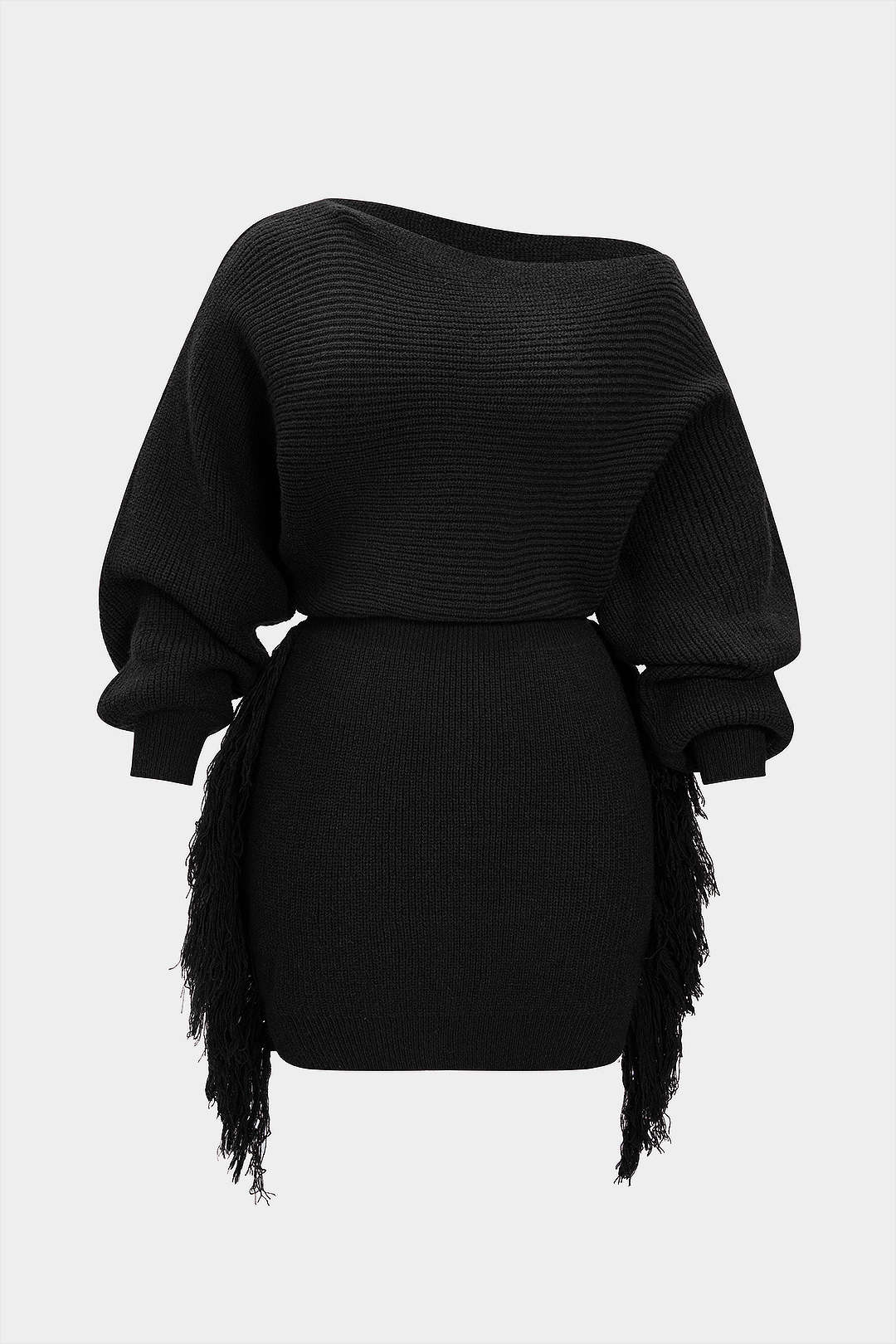 Plus Size Knit Fringe One Shoulder Long Sleeve Dress - Image 9