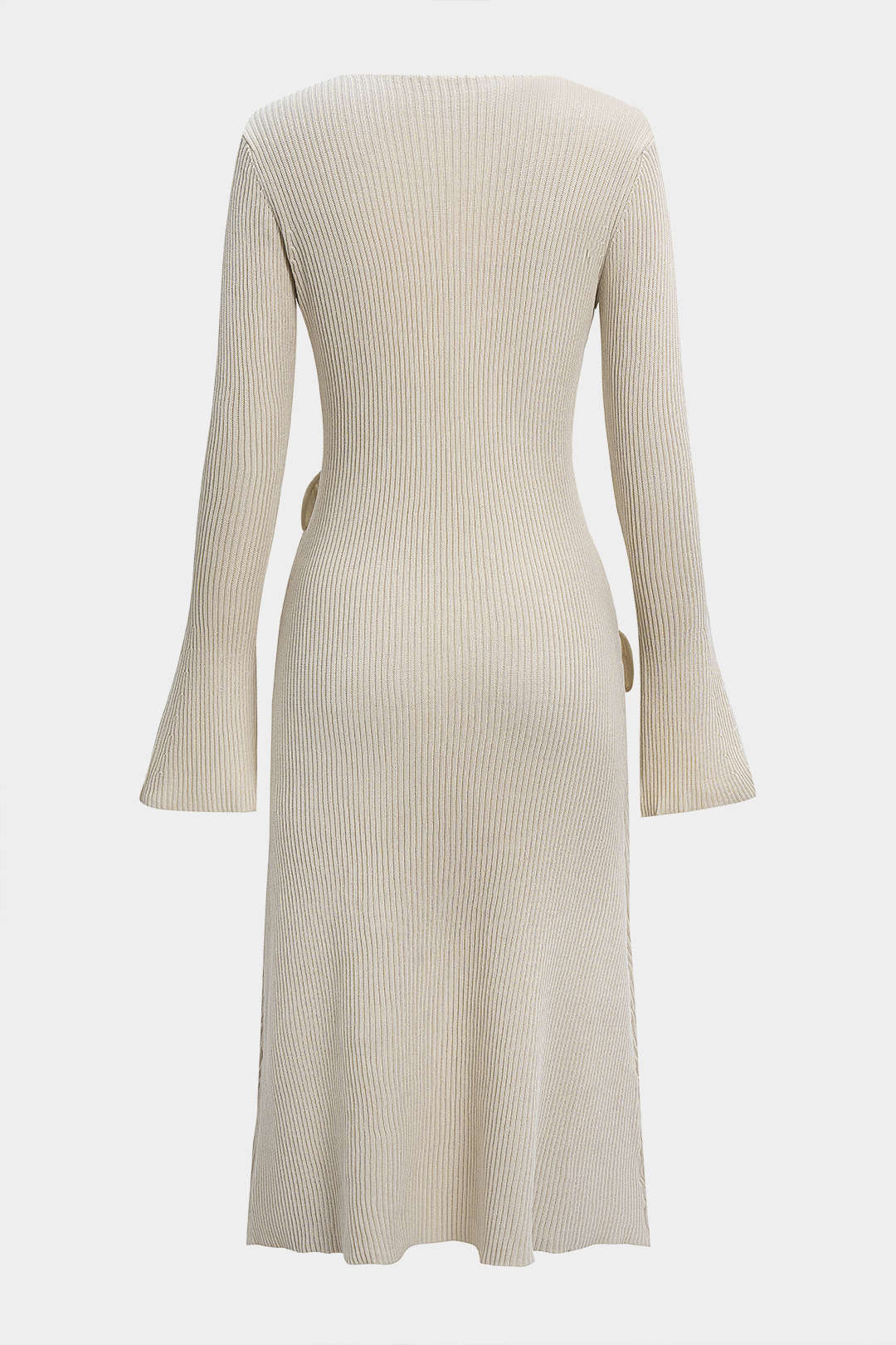 Knit V-Neck Ribbed Long Sleeve Dress - Image 2