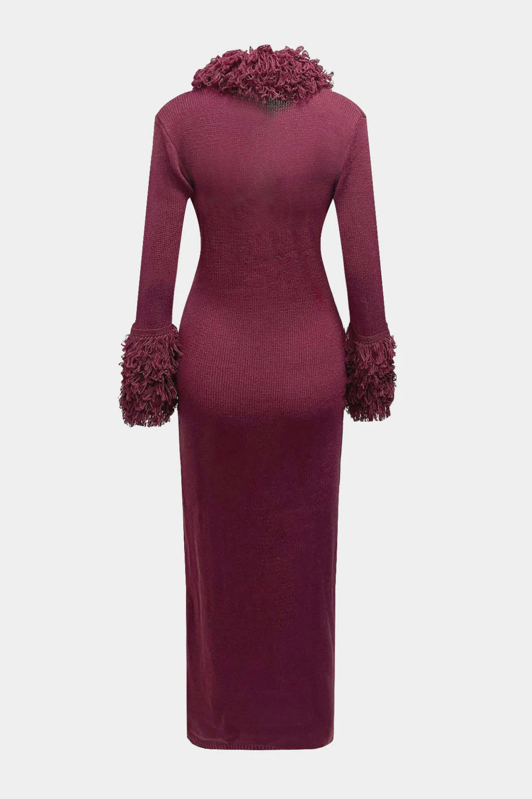Knit Fringe Trim Deep V-Neck Long Sleeve Dress - Image 2