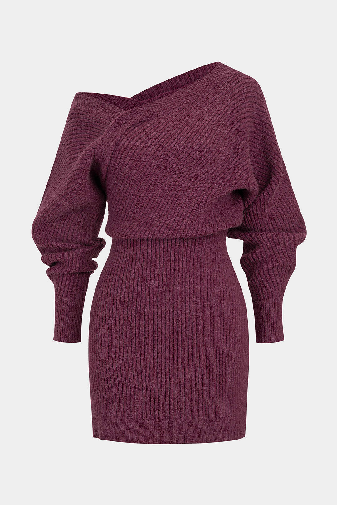 Knit Asymmetrical Neck Ribbed Long Sleeve Dress - Image 11