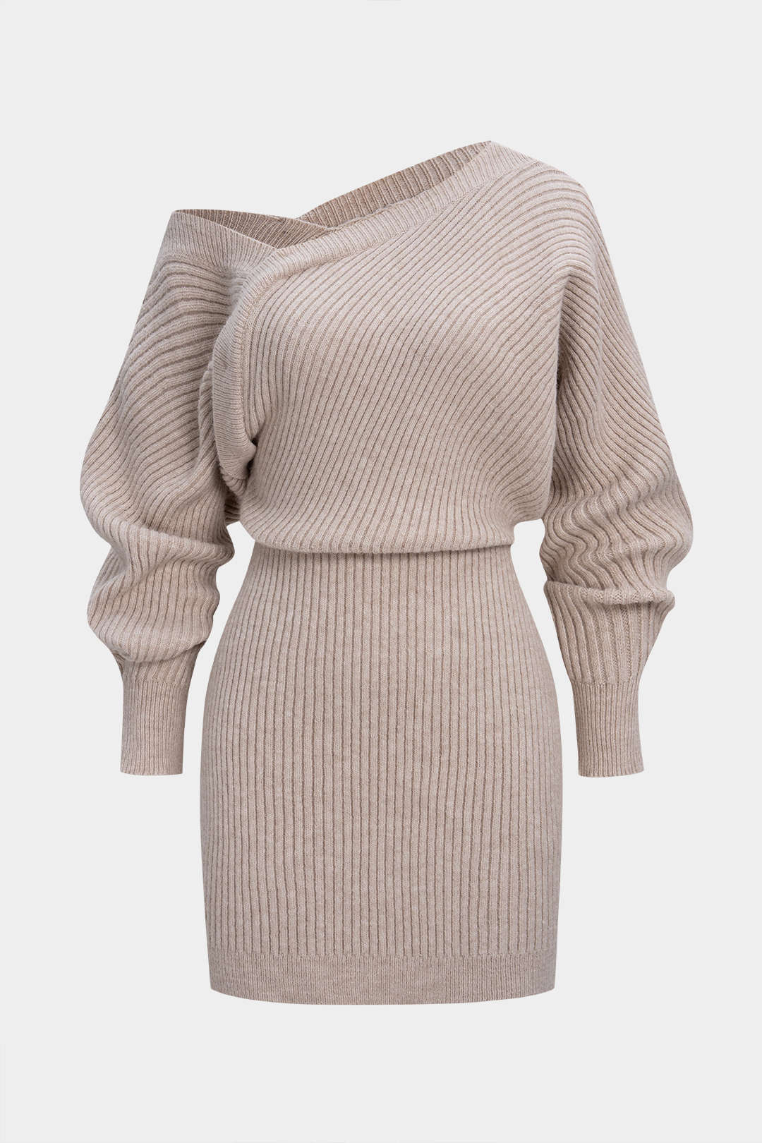 Knit Asymmetrical Neck Ribbed Long Sleeve Dress - Image 12