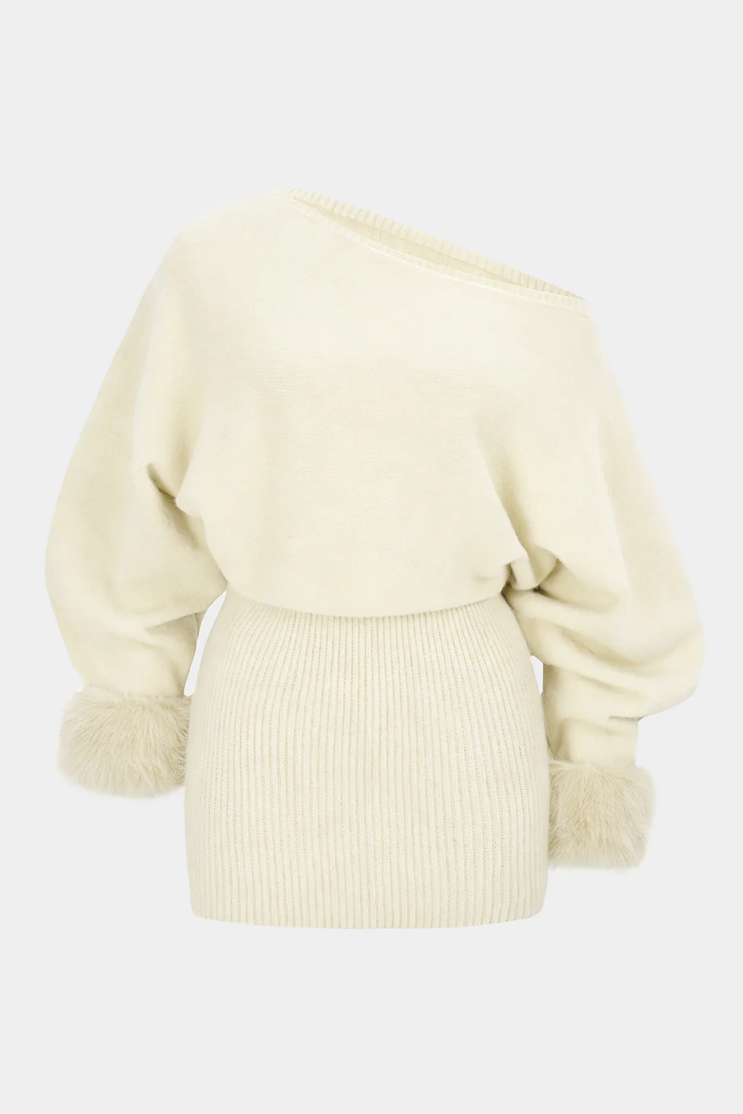 Knit Patchwork Faux Fur One Shoulder Long Sleeve Mini Dress - Image 6