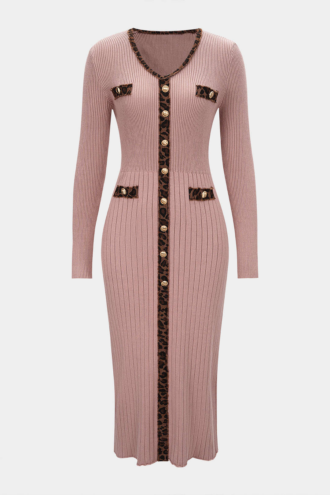 Knit Contrast Leopard Print Long Sleeve Dress - Image 2
