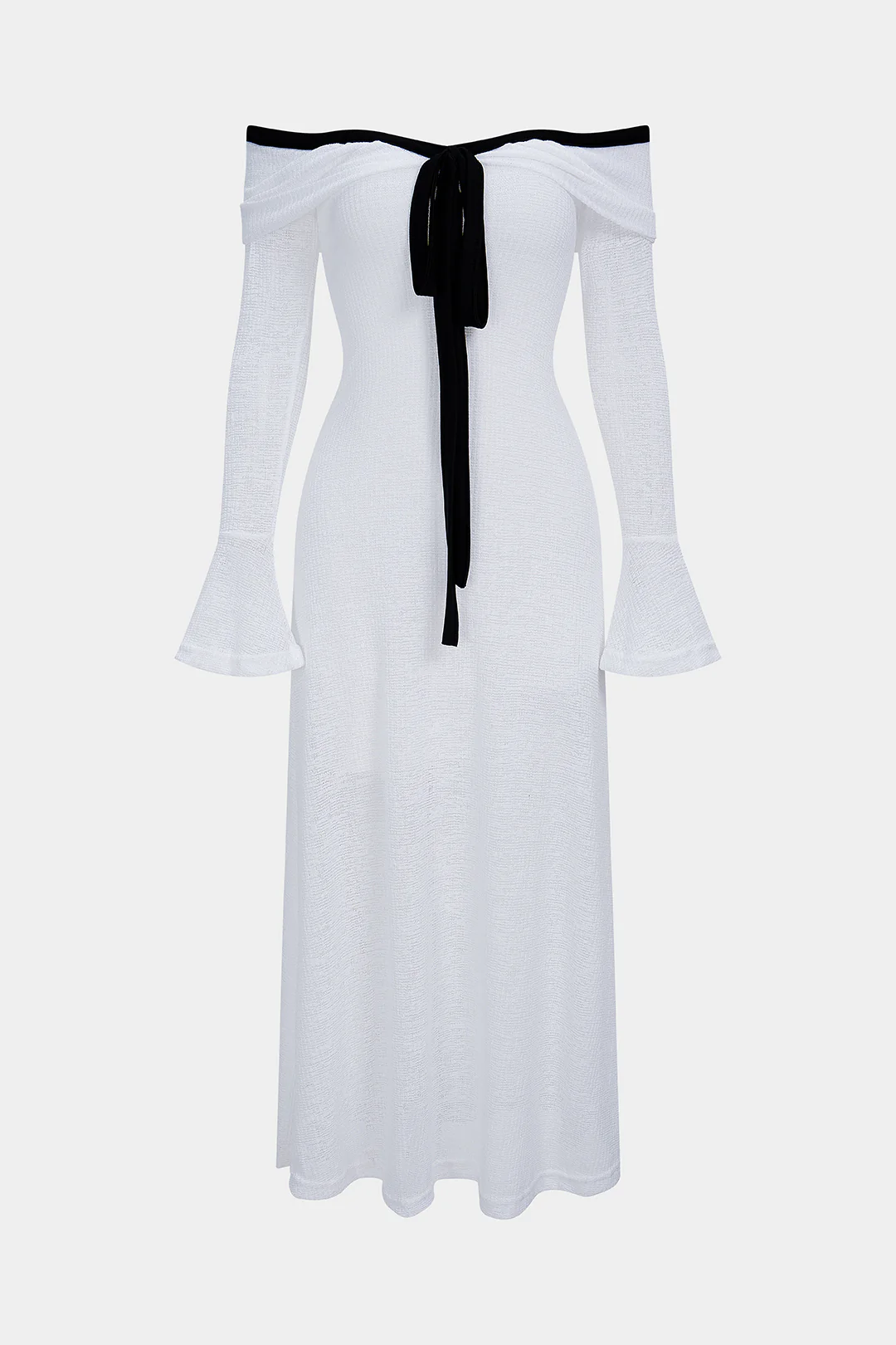 Knit Contrast Binding Off Shoulder Tie-Up Long Sleeve Dress