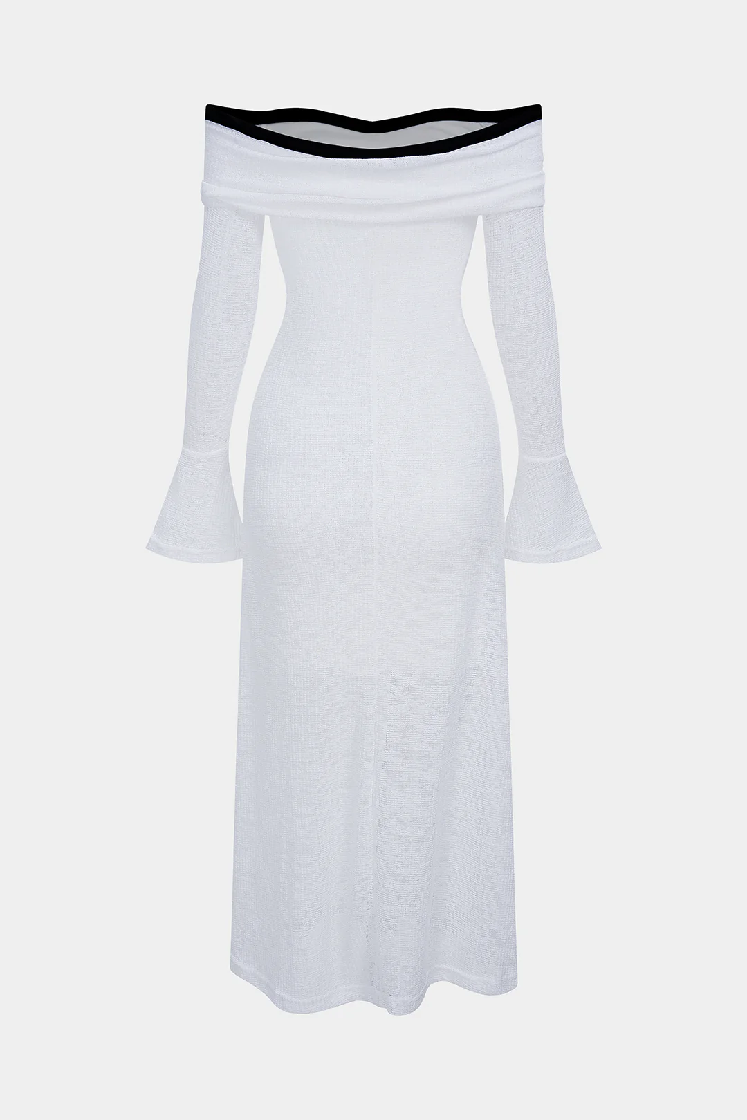 Knit Contrast Binding Off Shoulder Tie-Up Long Sleeve Dress - Image 2