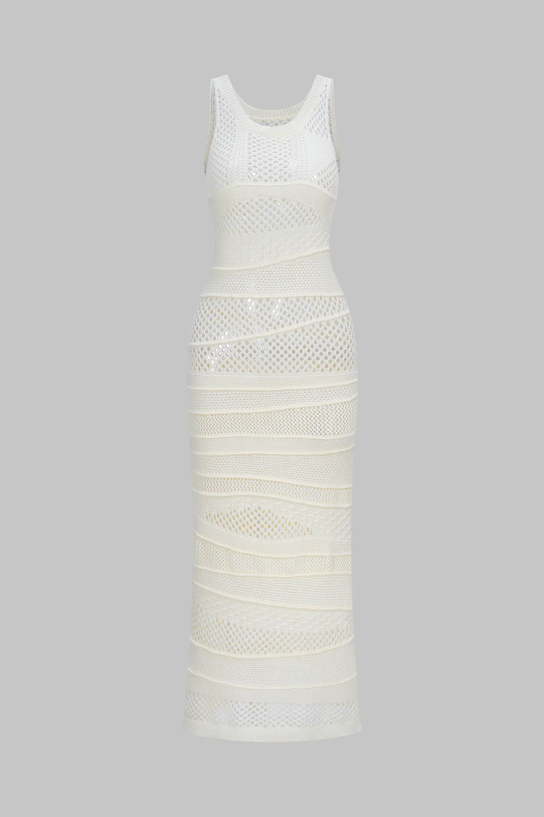 Knit Round Neck Hollow Out Asymmetrical Sleeveless Dress - Image 2