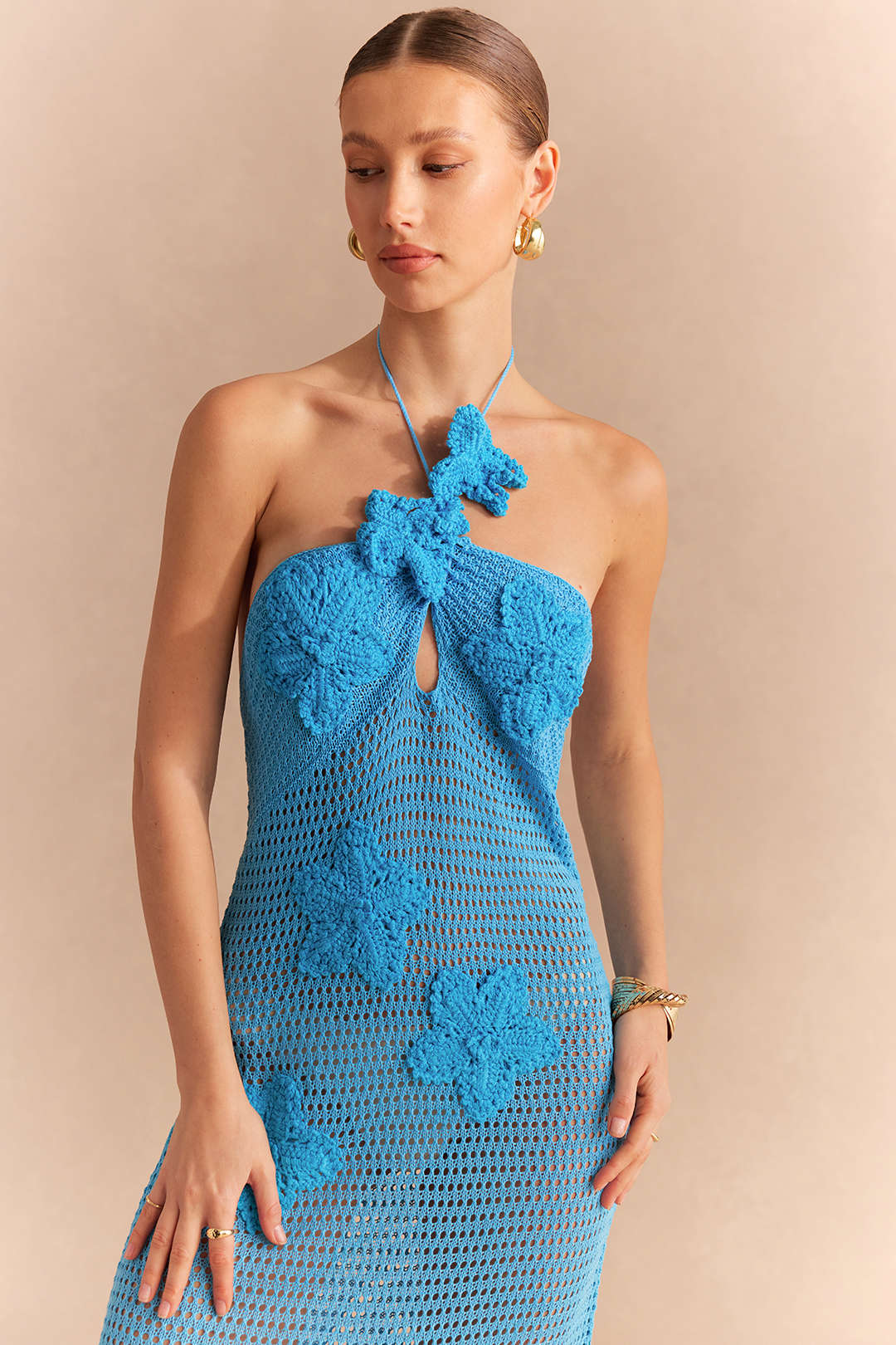 Knit Hollow Out Halter Neck Tie Back Asymmetrical Floral Sleeveless Dress - Image 3