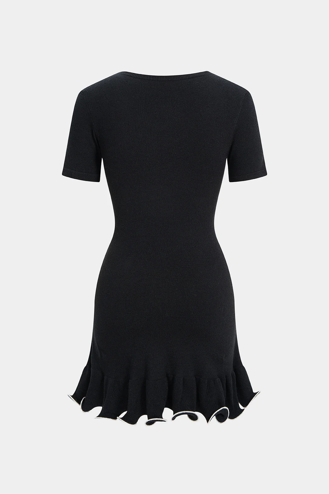 Knit Round Neck Contrast Binding Ruched Short Sleeve Dress - Image 2