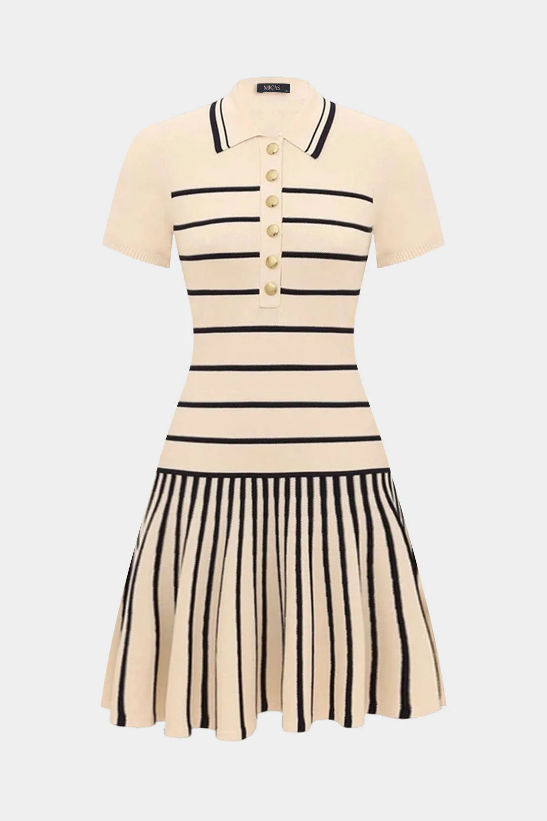 Knit Contrast Striped Button Short Sleeve Dress