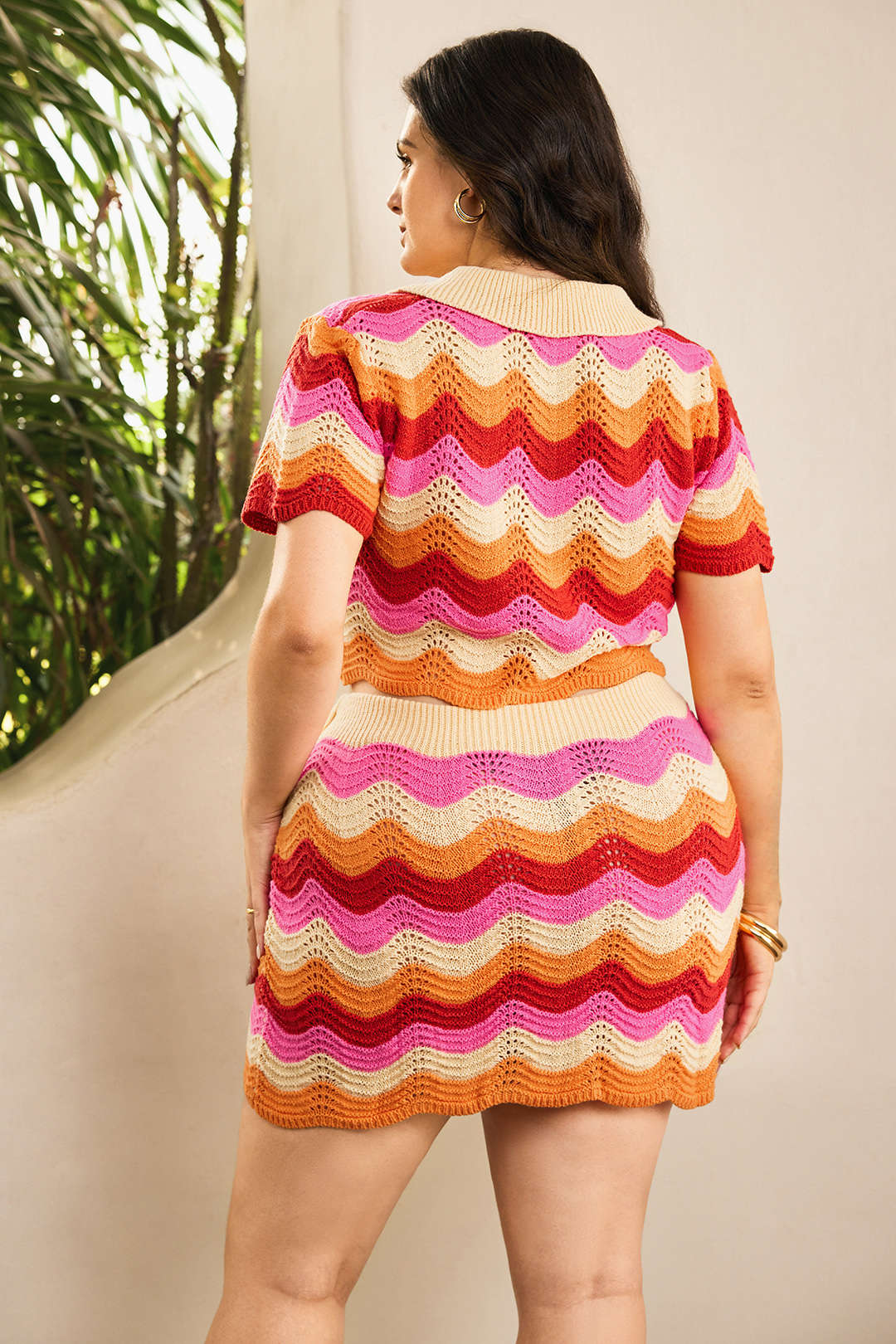 Plus Size Contrast Knit Cut Out Button Short-Sleeve Top - Image 9