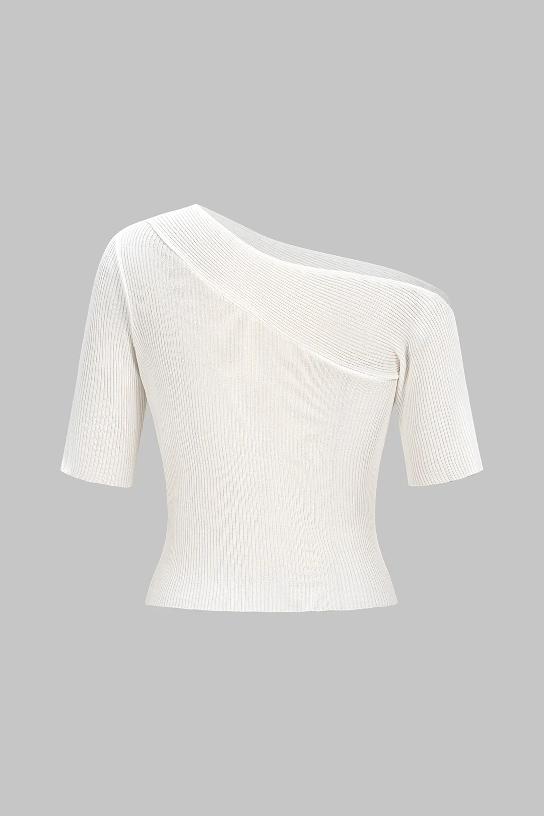 Knit Solid One Shoulder Short-Sleeve Top - Image 2