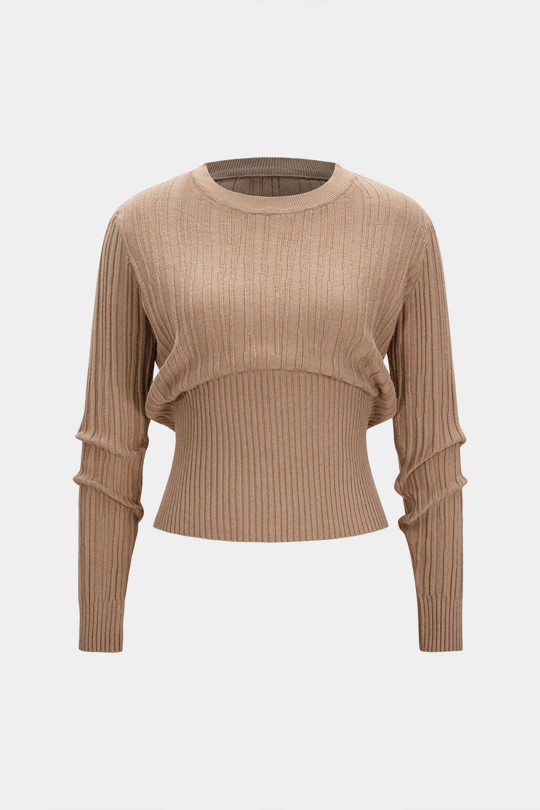 Knit Round Neck Waist-Cinching Long-Sleeve Top