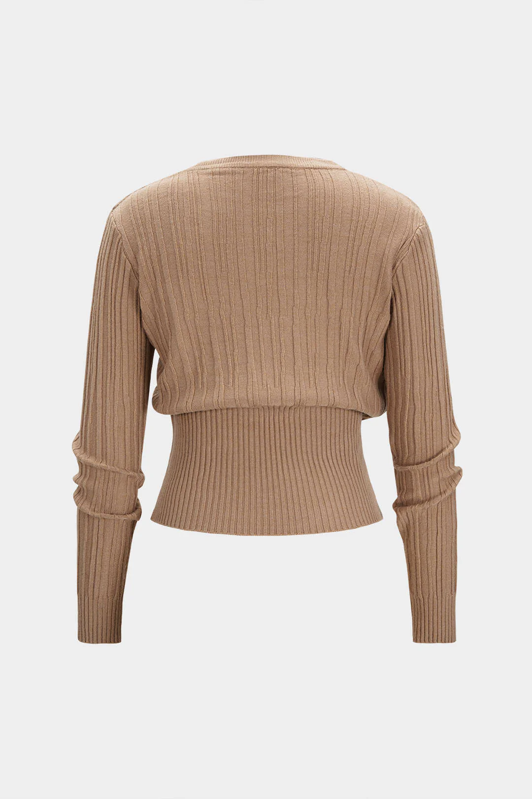 Knit Round Neck Waist-Cinching Long-Sleeve Top - Image 2