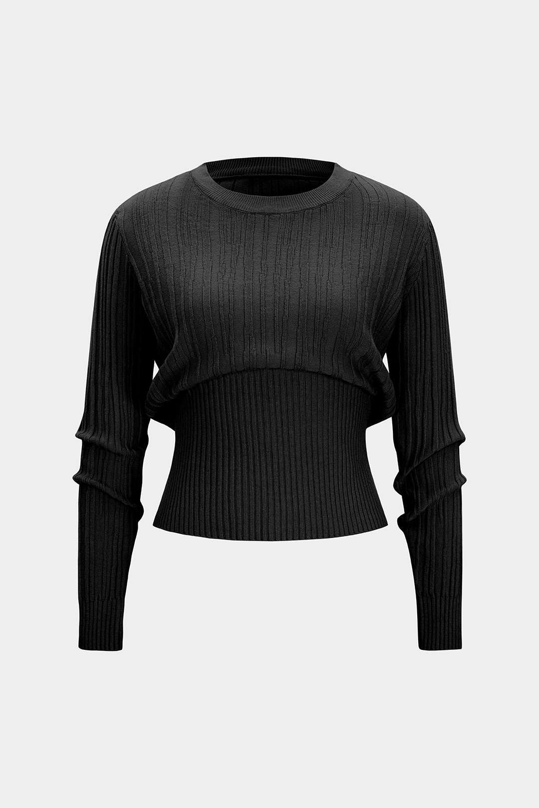 Knit Round Neck Waist-Cinching Long-Sleeve Top - Image 5