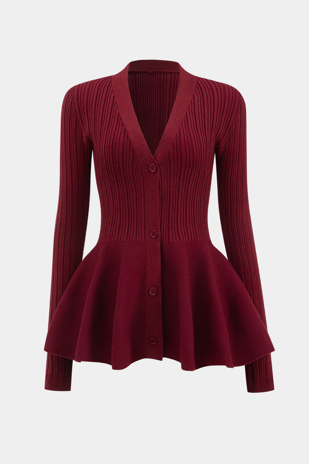 Solid V-neck Puff Hem Sweater Cardigan - Image 5