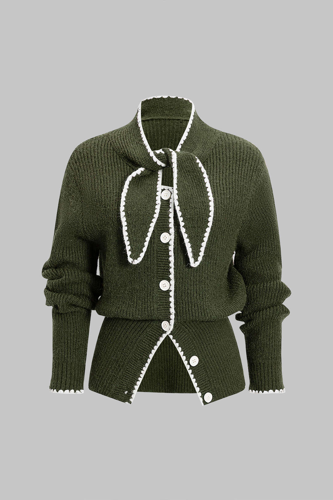 Knit Contrast Button Tie-Up Cardigan - Image 10