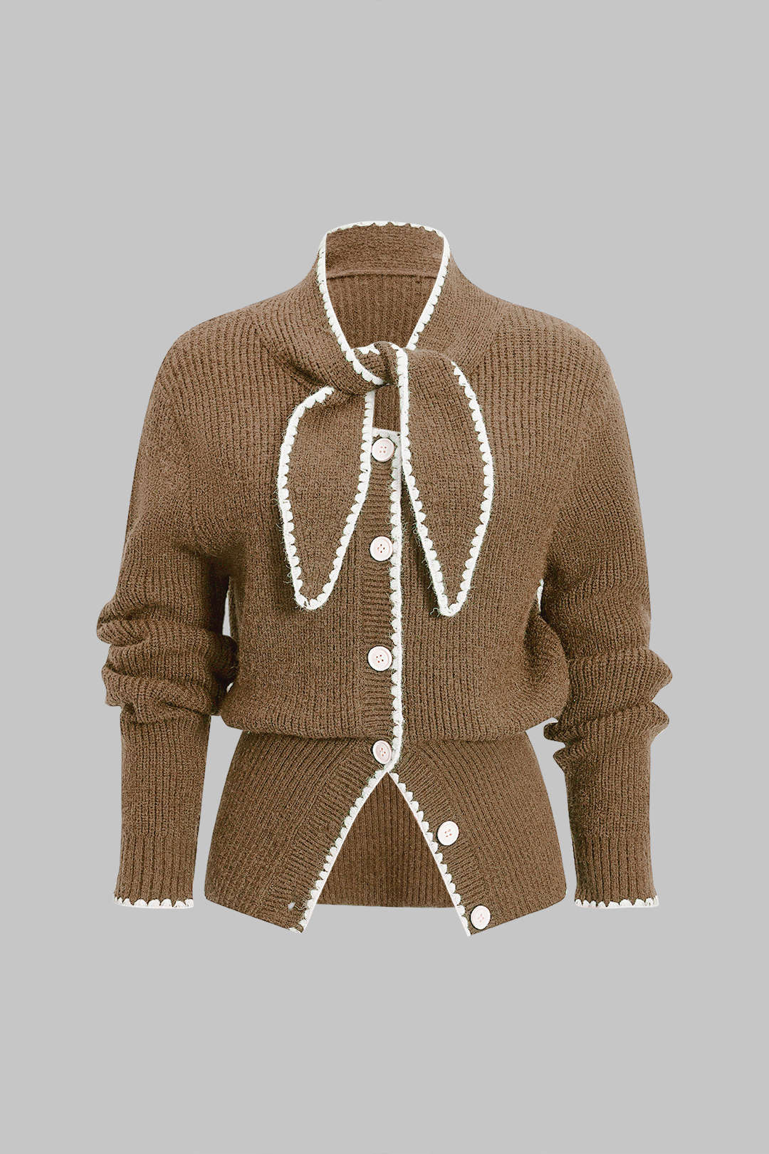 Knit Contrast Button Tie-Up Cardigan - Image 11
