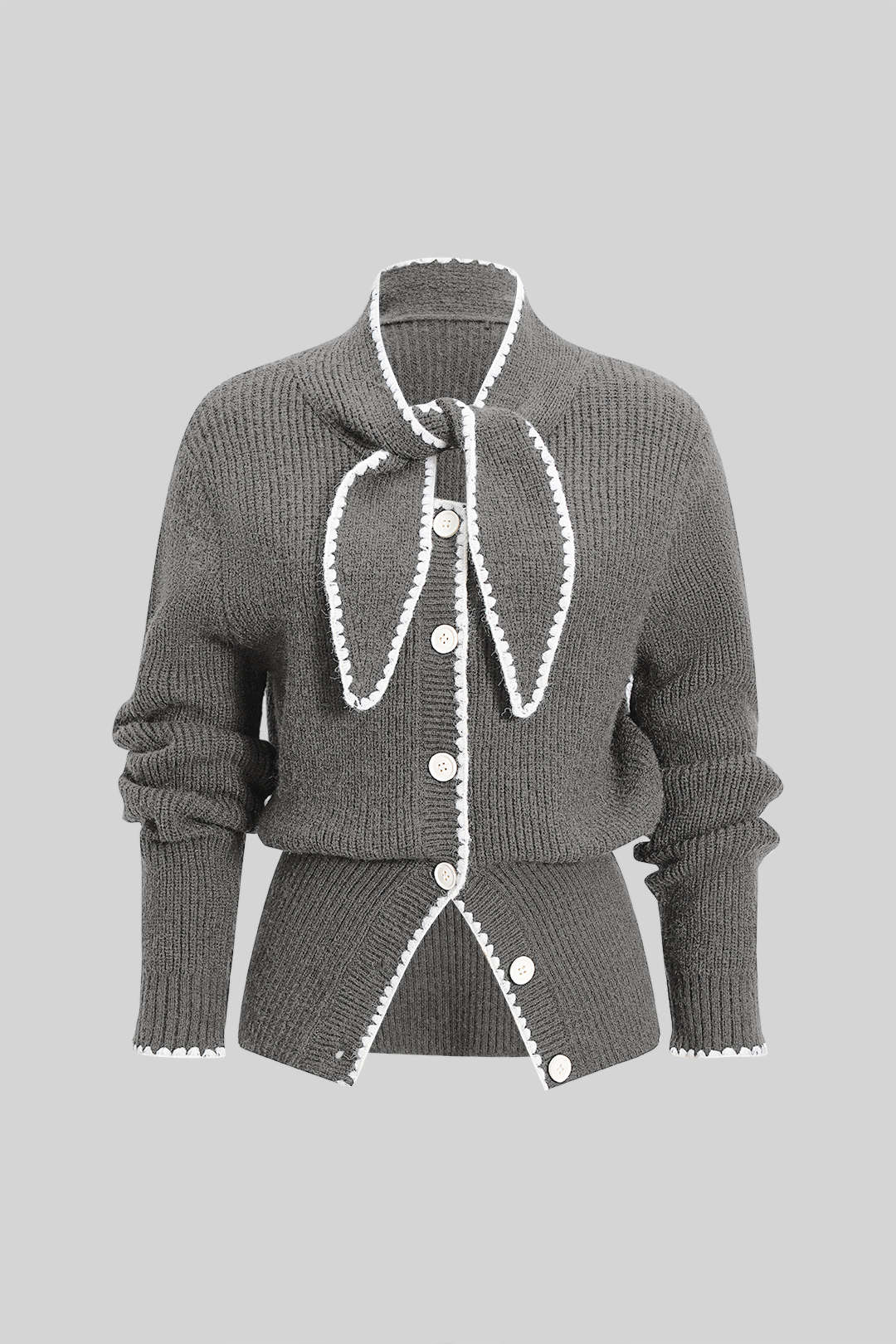 Knit Contrast Button Tie-Up Cardigan - Image 13