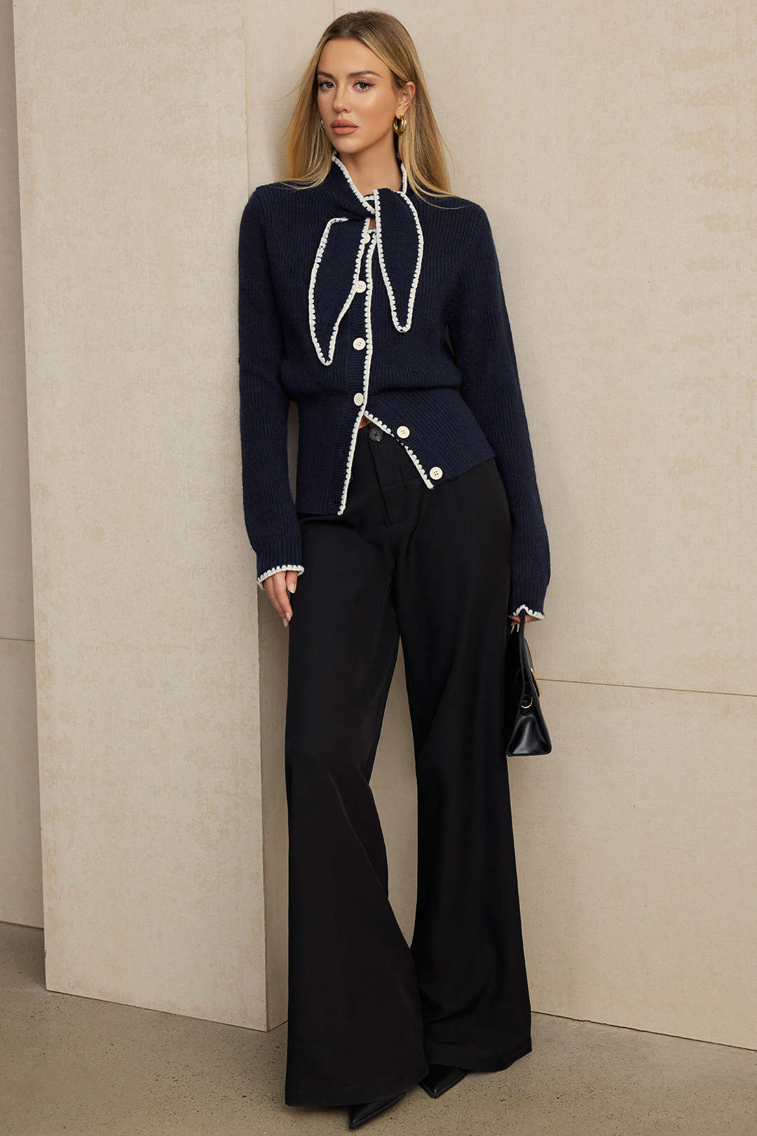 Knit Contrast Button Tie-Up Cardigan - Image 6