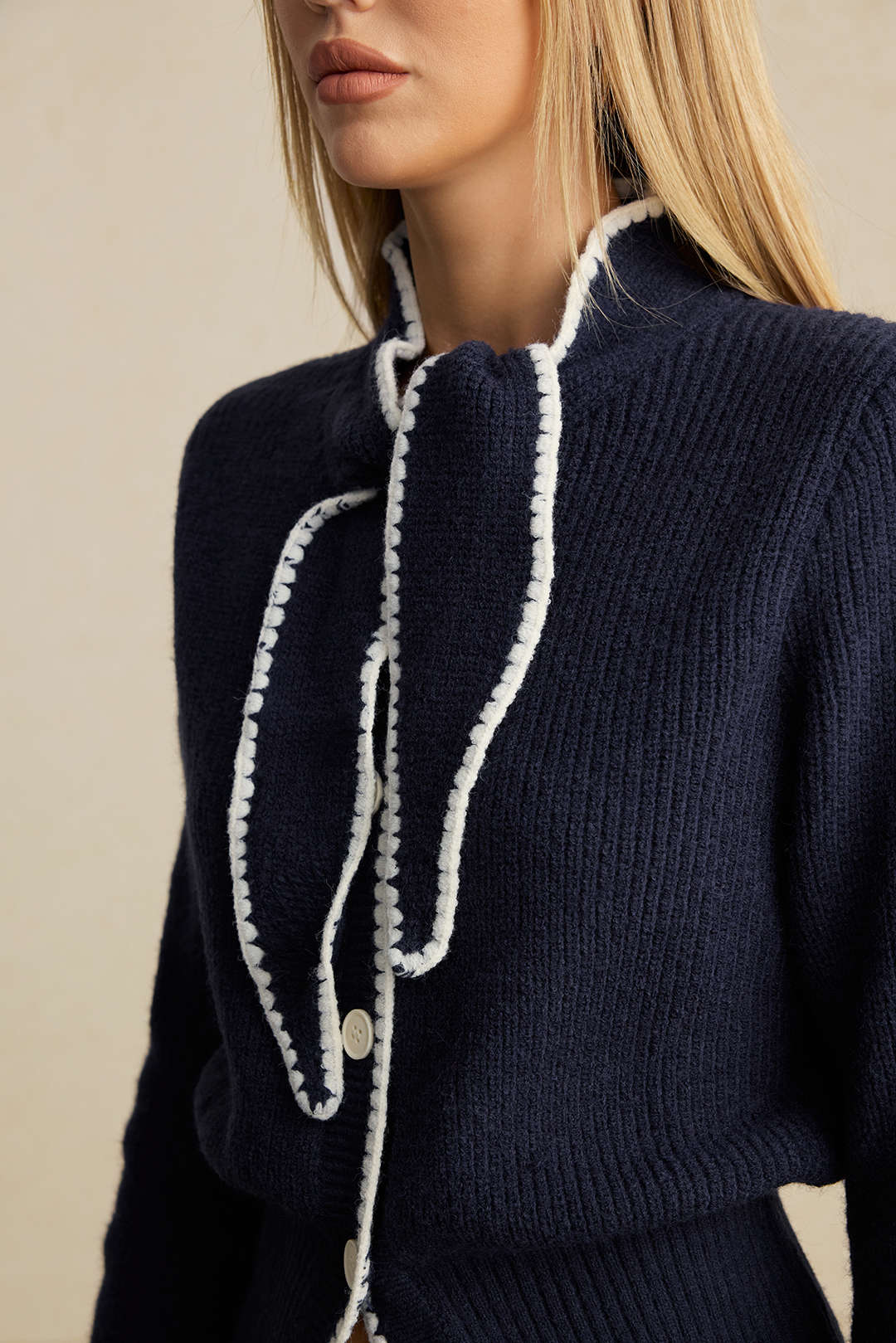 Knit Contrast Button Tie-Up Cardigan - Image 8
