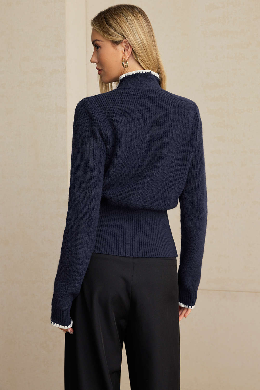 Knit Contrast Button Tie-Up Cardigan - Image 9