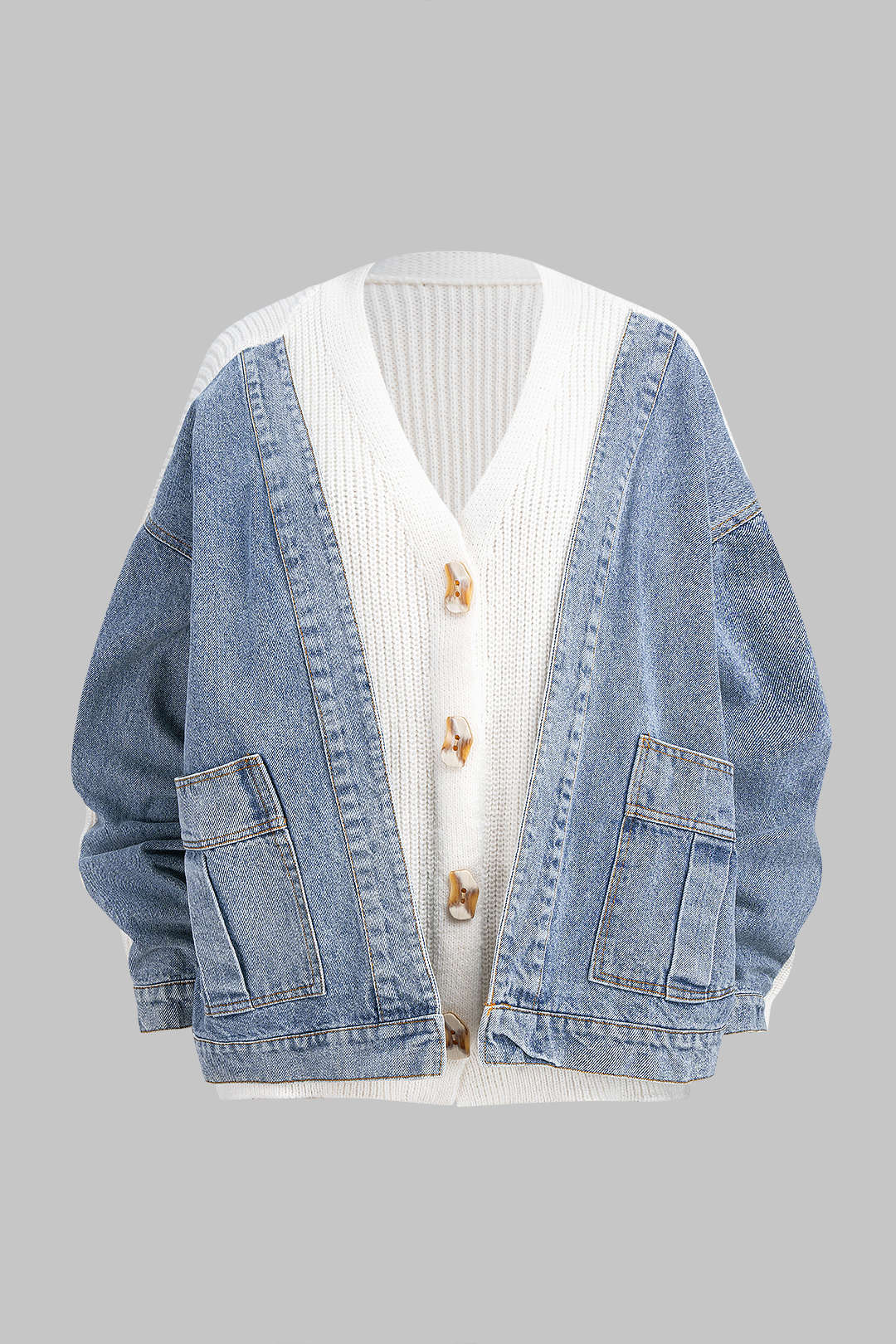 Denim Patchwork V-Neck Pocket Sweater Cardigan - Image 5