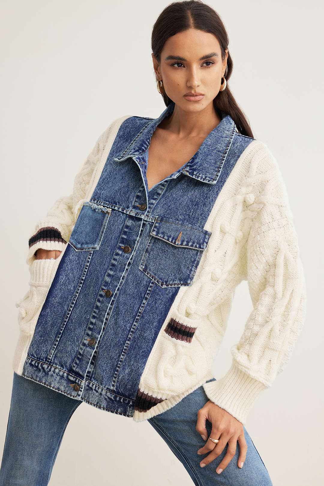 Knit Denim Patchwork Sweater Cardigan - Image 2