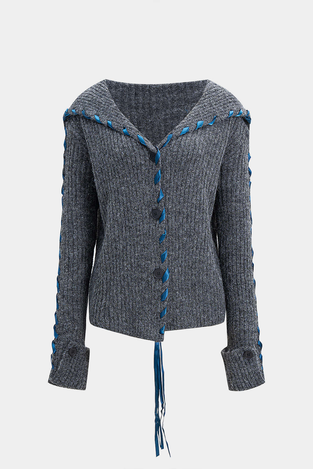 Knit Drawstring Ribbed Cardigan - Image 2