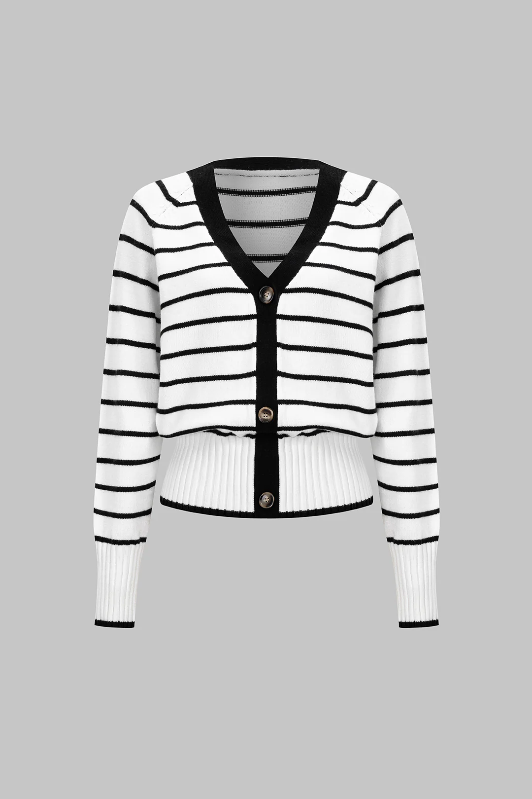 Knit Contrast Stripes Print V-Neck Button Cardigan - Image 4
