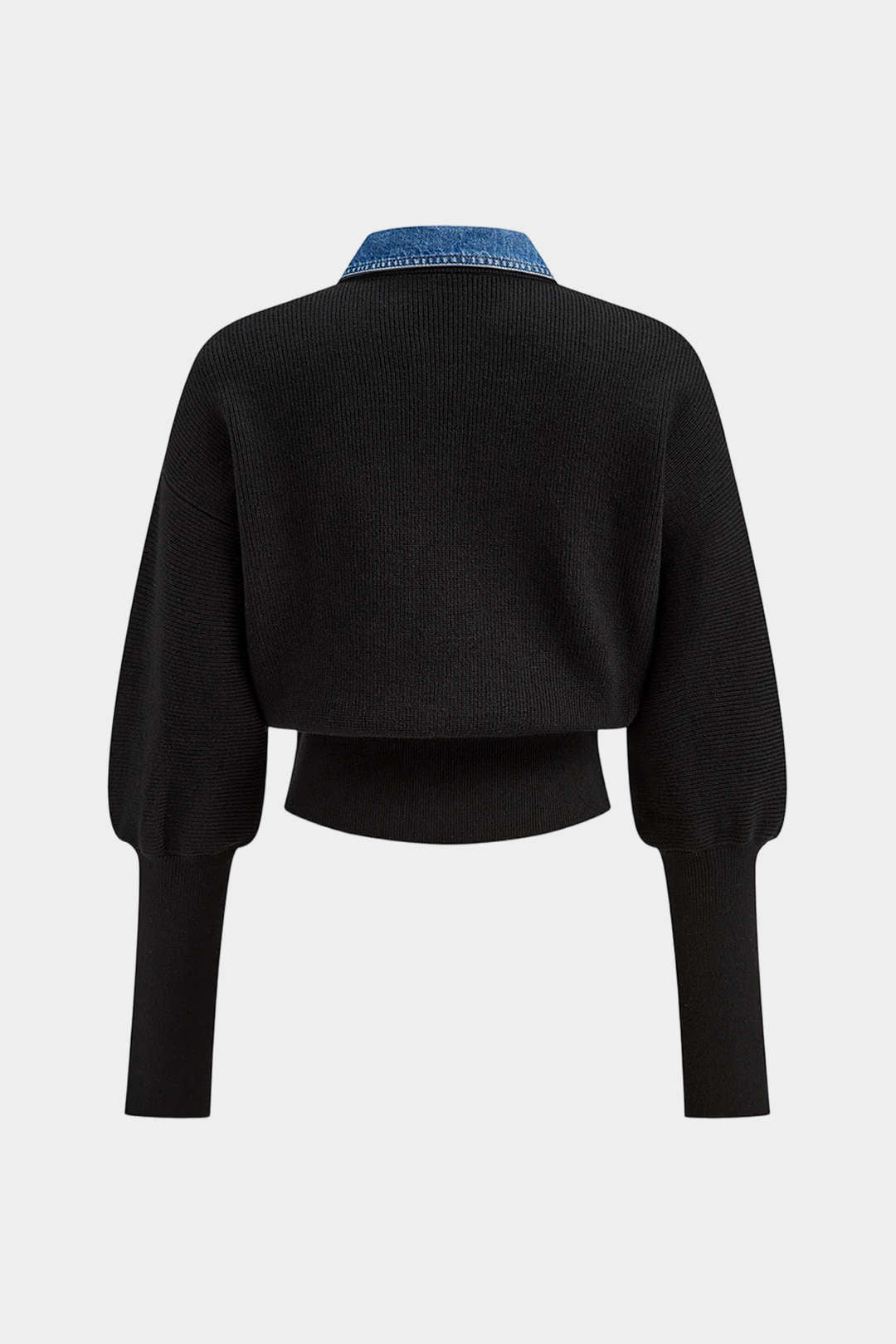 Knit Denim Patchwork Button Gigot Long-Sleeve Top - Image 2