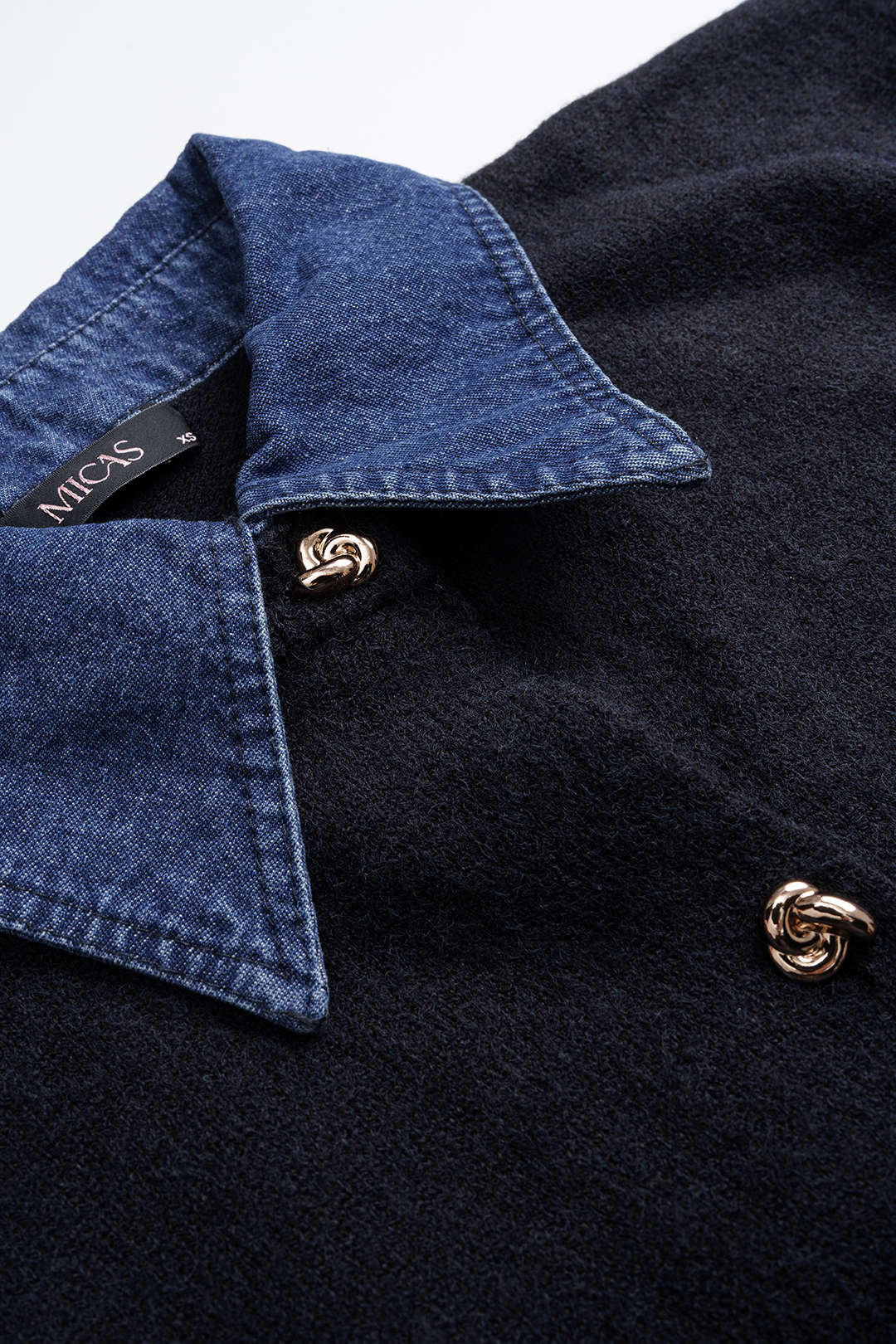 Knit Denim Patchwork Button Gigot Long-Sleeve Top - Image 3