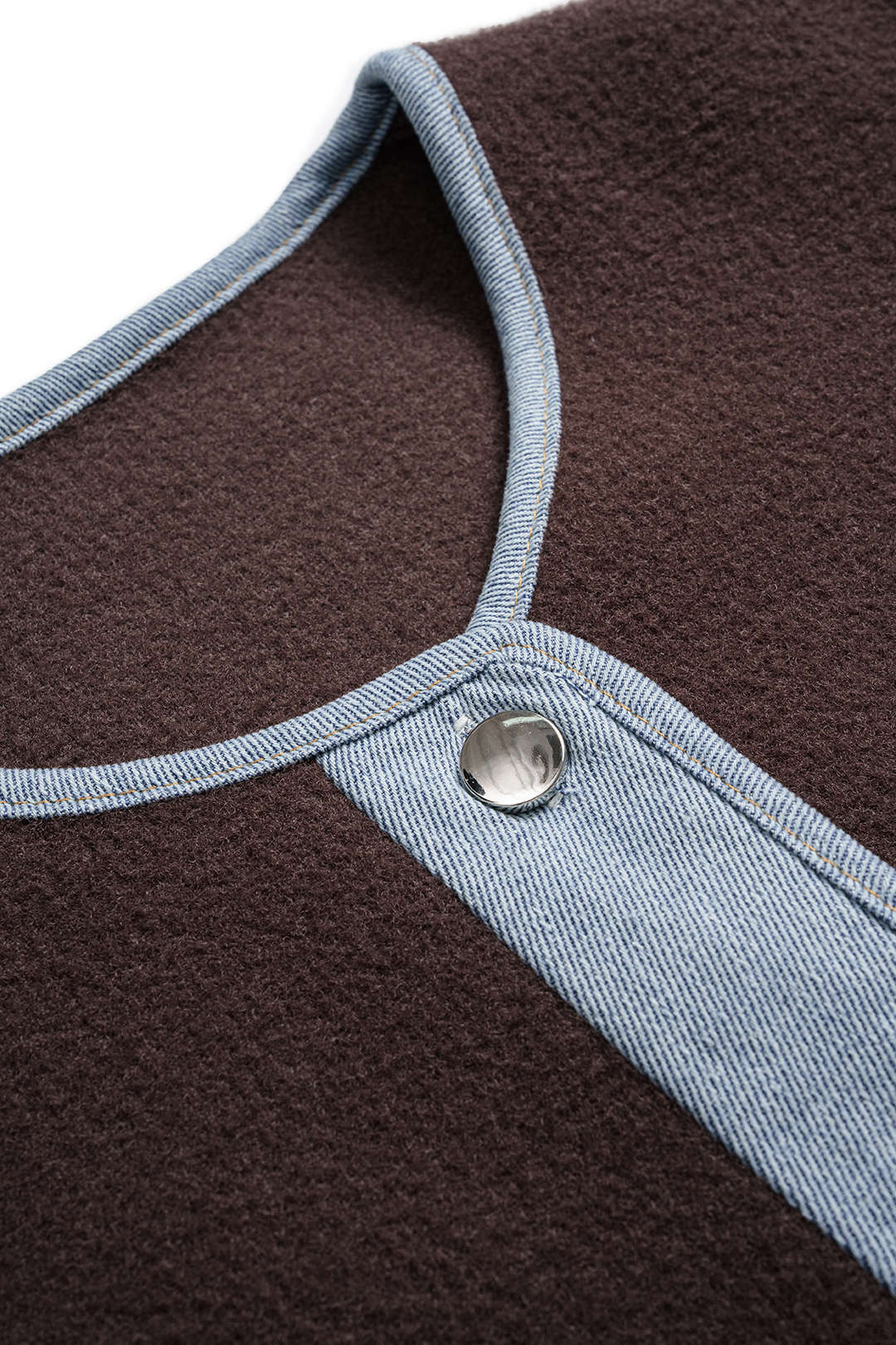 Knit Denim Patchwork Round Neck Cardigan - Image 3