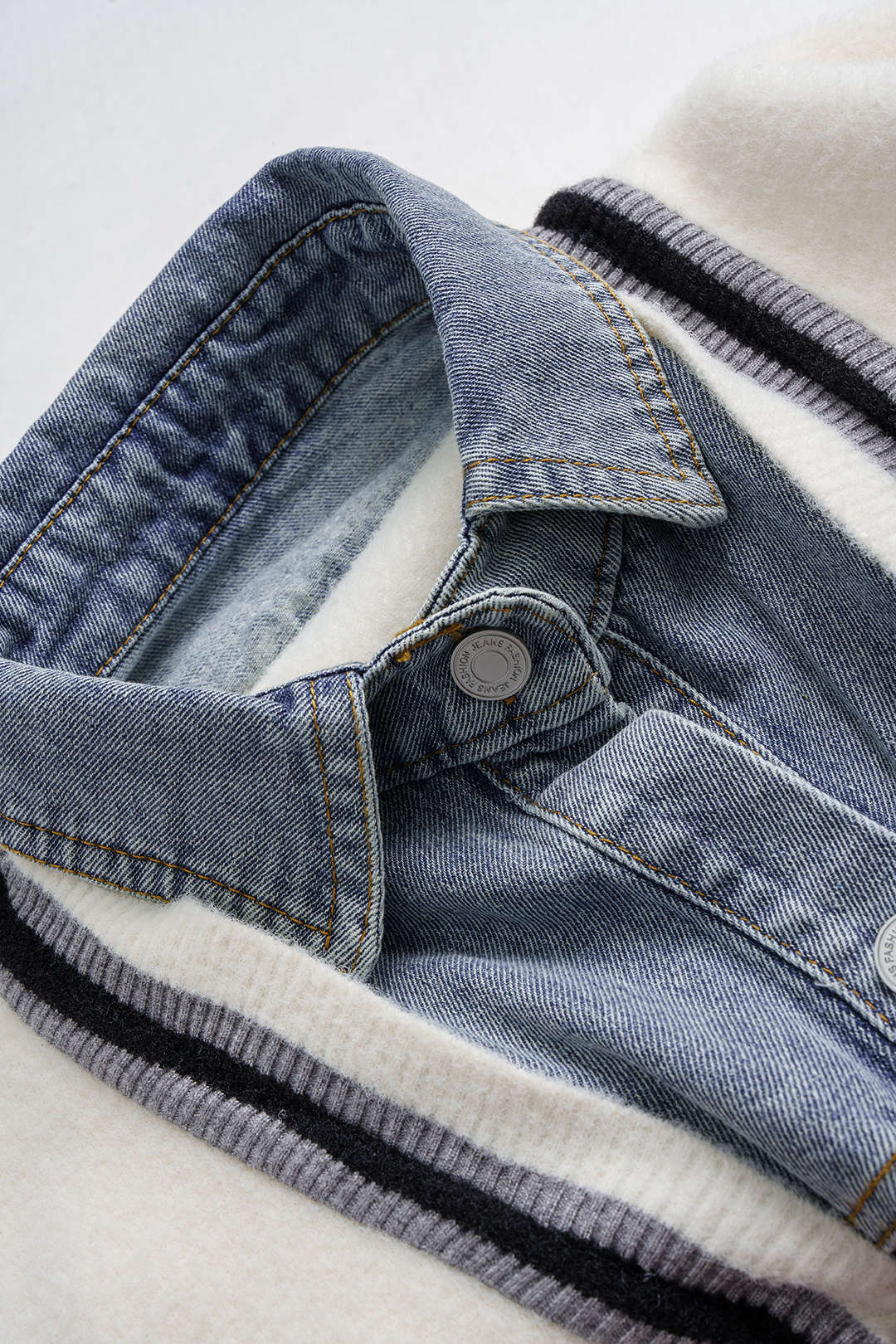 Knit Denim Patchwork Contrast Binding Cardigan - Image 3