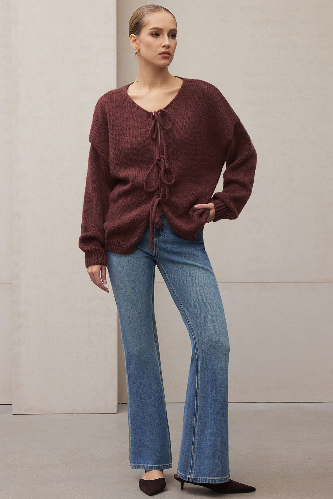 Knit Round Neck Tie-Up Cardigan - Image 3