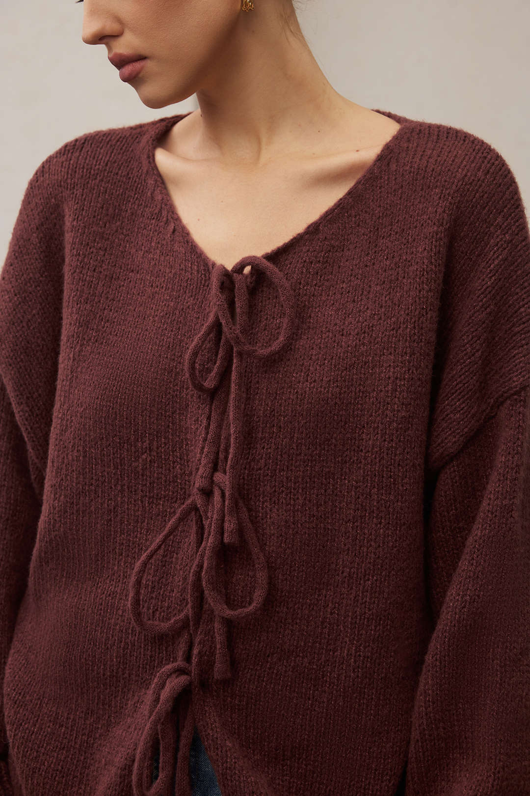 Knit Round Neck Tie-Up Cardigan - Image 4