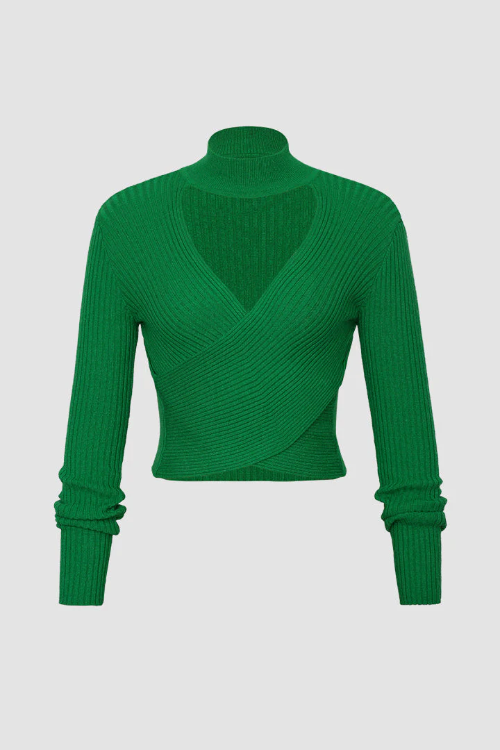High Neck Wrap Knitted Long Sleeve Top
