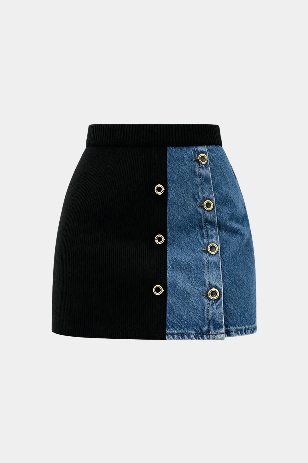 Knit Denim Patchwork Metallic Eyelet Mini Skirt