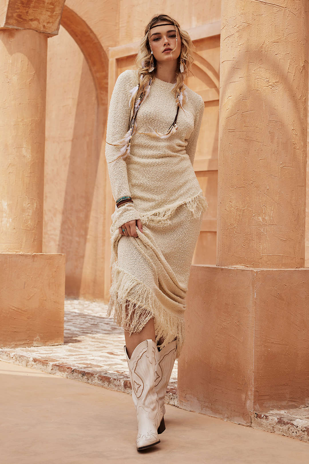 Solid Sweater Fringe Asymmetrical Long-Sleeve Top - Image 6