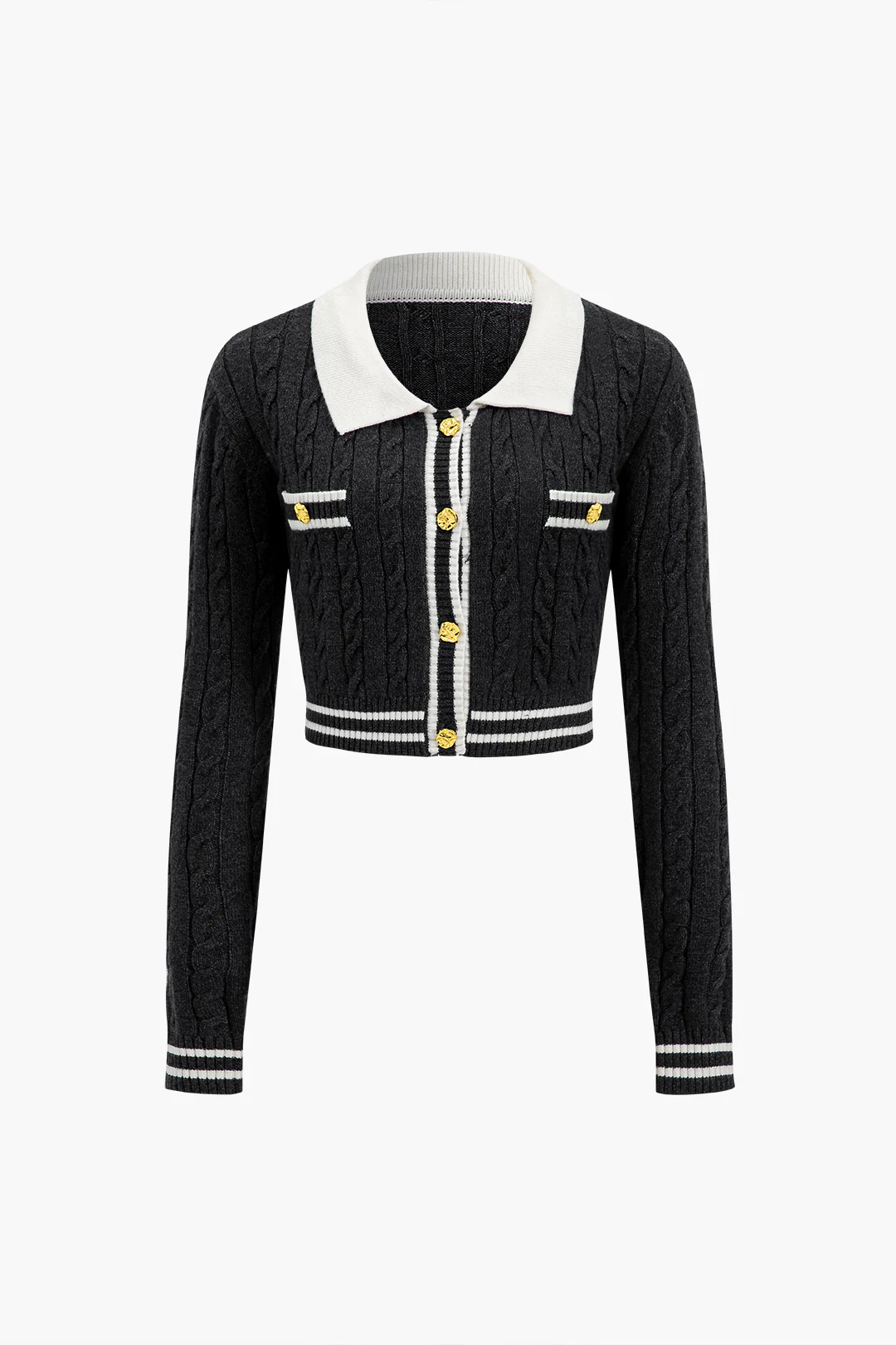 Knit Color Block Button Fake Pockets Long-Sleeve Top - Image 9