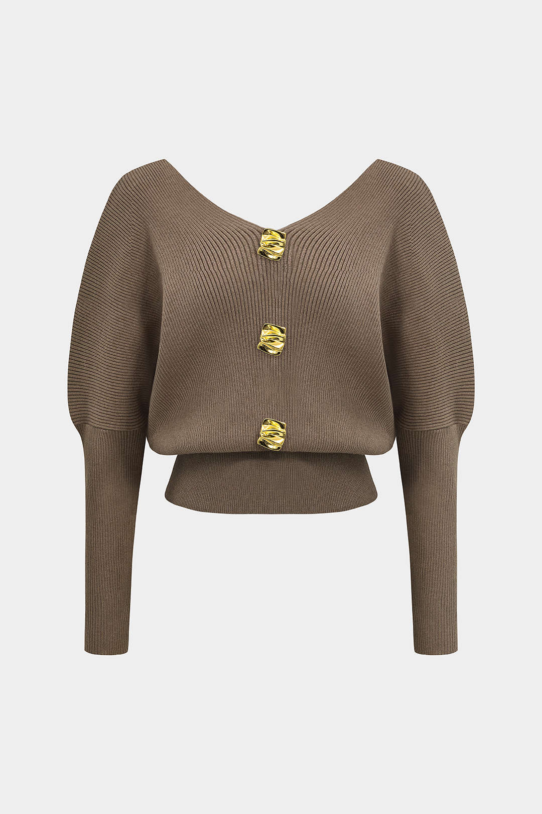 Solid Button V-Neck Sweater Long-Sleeve Top
